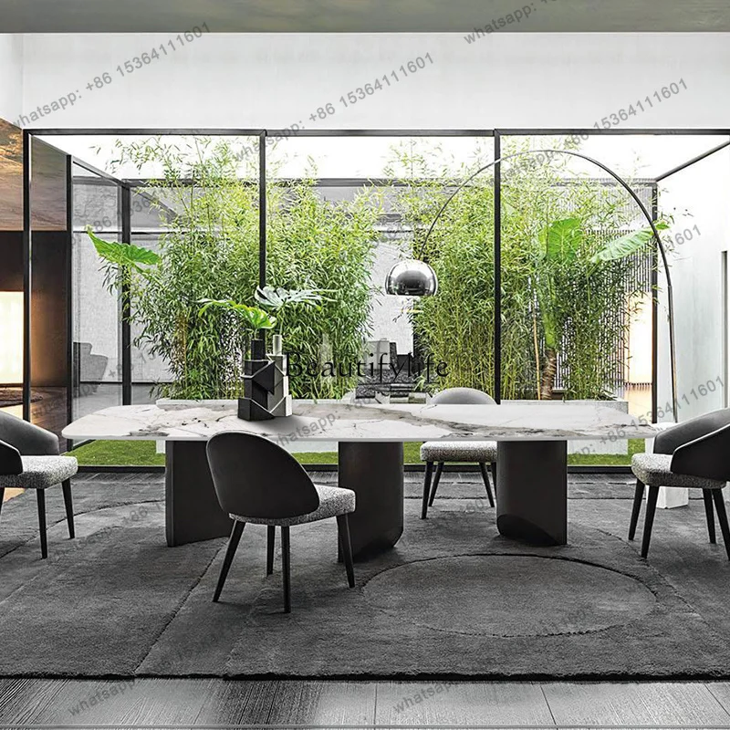 Factory Direct  Italian light luxury bright rock slab stainless steel household marble small apartment square dining table