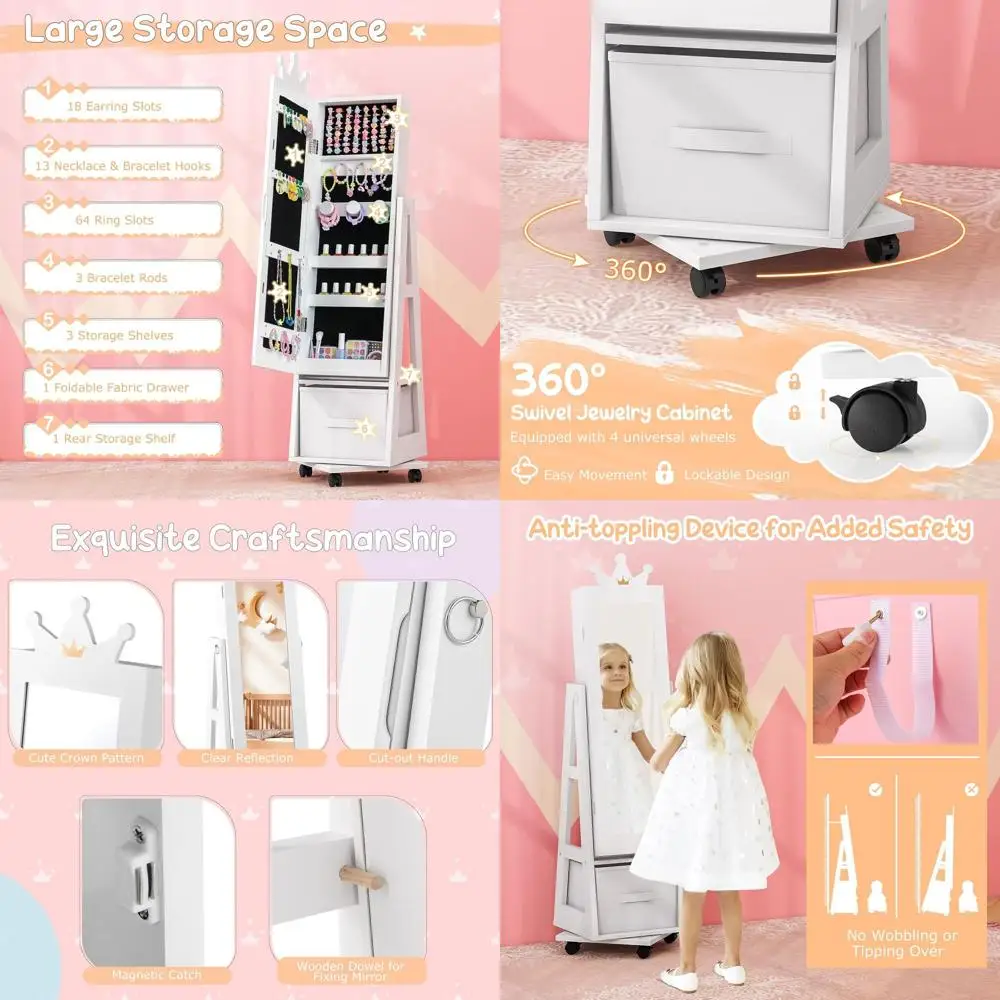 

Детский туалетный столик с табуретом, вращающийся на 360 градусов ° Зеркальный органайзер для украшений и мебель для спальни белого цвета