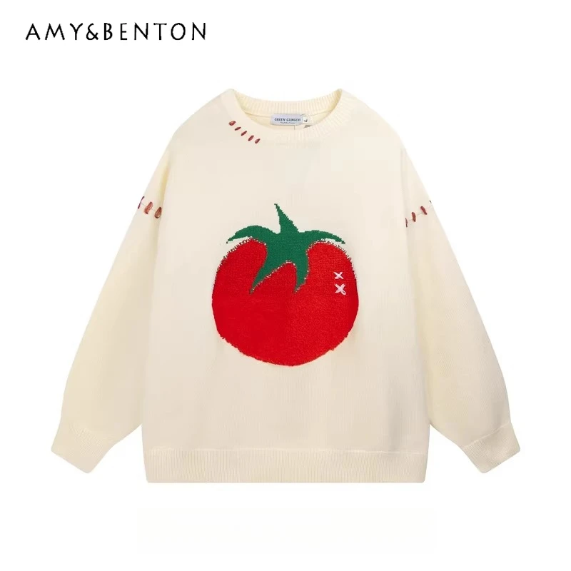 

Autumn Winter New Tomato Cartoon Puppy Embroidery White Gray Round Neck Sweater for Women Loose Casual Beige Black Cardigan
