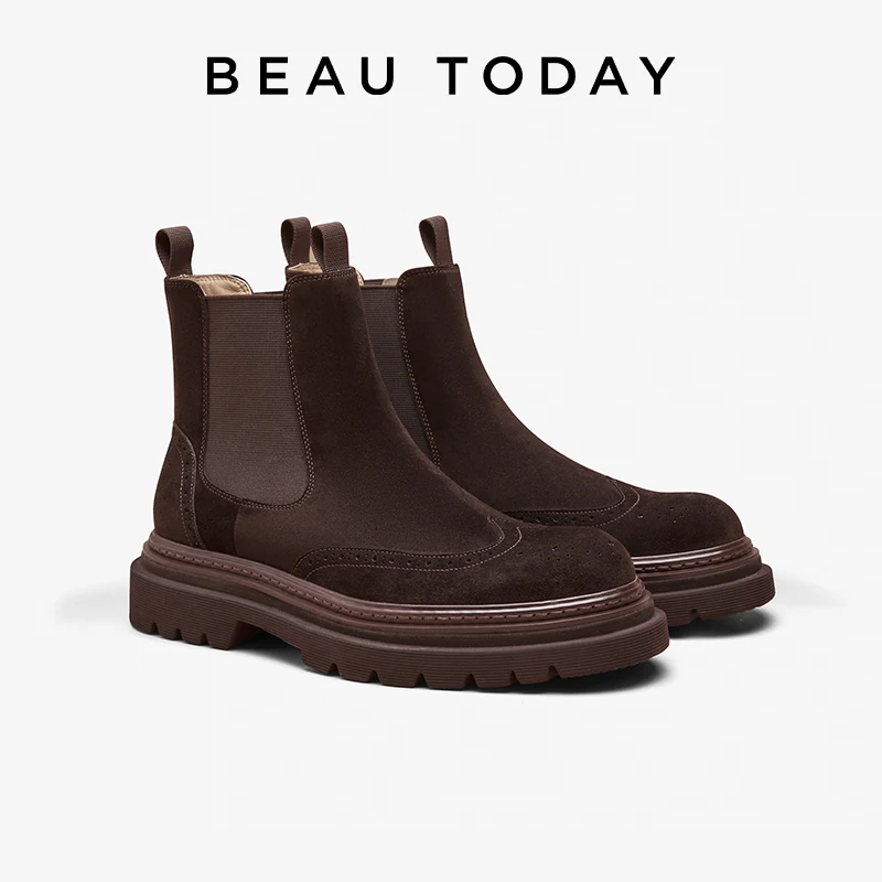 

BEAUTODAY Ankle Boots Platform Men Cow Suede Chelsea Boots Round Toe Sewing Elastic Band Thick Sole Male Shoes 54230