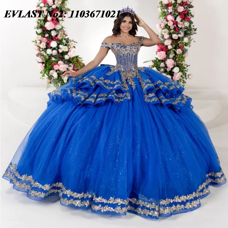 

EVLAST Customized Mexican Royal Blue Quinceanera Dress Ball Gown Gold Applique Beading Tiered Sweet 16 Vestidos 15 Anos E2QA140