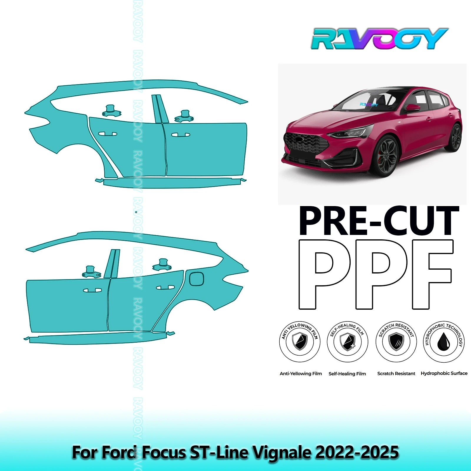 

Для Ford Focus ST-Line Vignale 2022-2025 8,5 мил прозрачный матовый комплект предварительно вырезанных дверей PPF и стойки A/B, комплект защитной пленки для краски из ТПУ