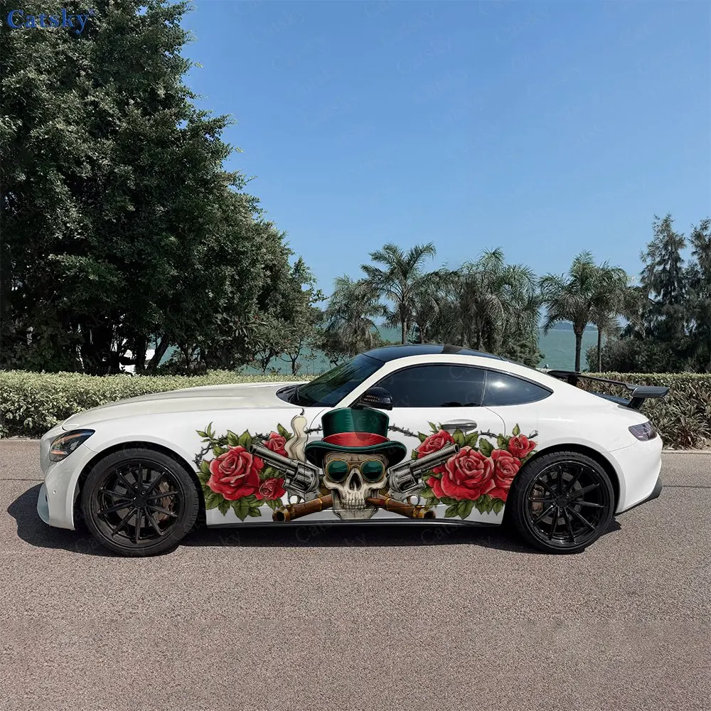2pcs Firearms And Skull Decal, Durable, Fade-Resistant, Enhance Your Vehicles Aesthetic With Art Design Car Vinyl Wrap