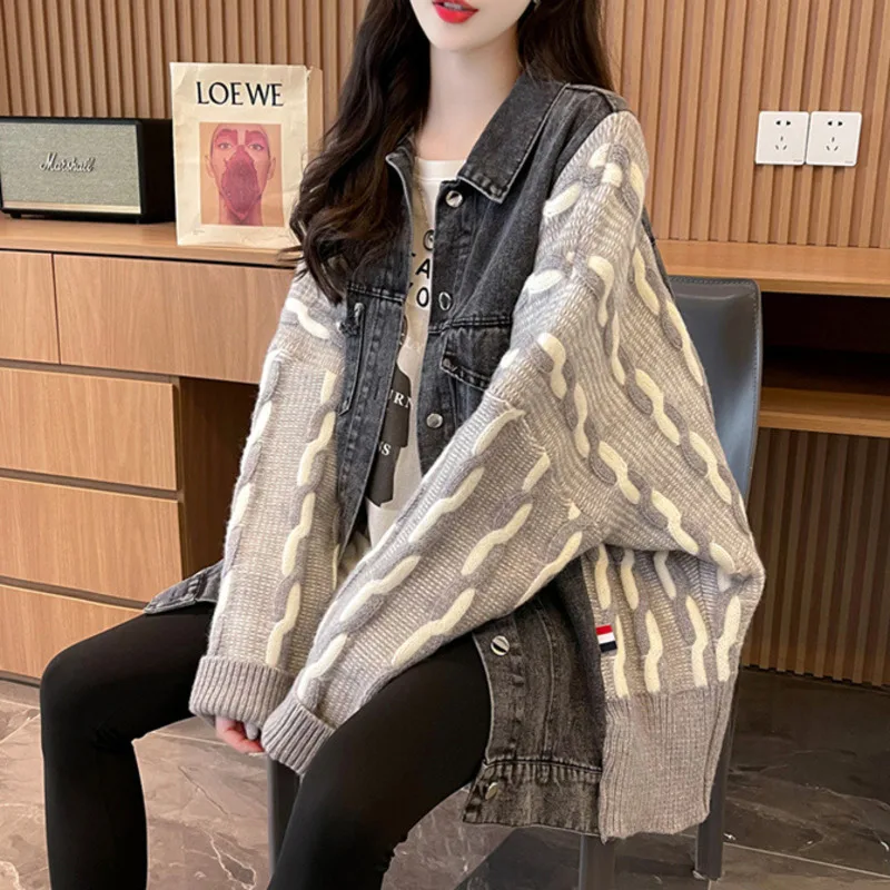 #4033 False Two Piece Cardigan Coat Women Batwing Sleeve Streetwear Knitted Spliced Denim Sweater Coat Female Loose Thick Warm