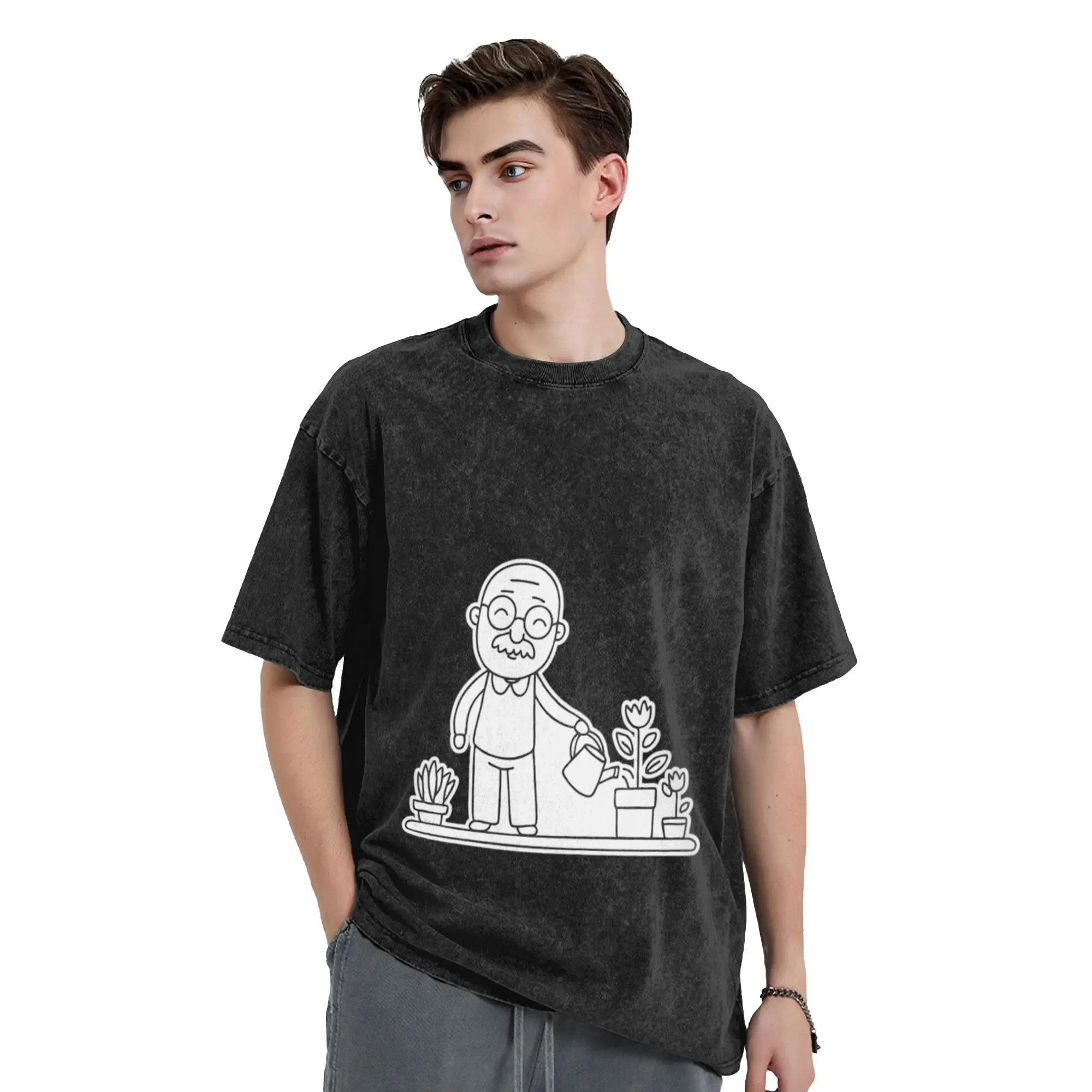 An uncle watering flowers while humming near potted plants Unique Comfort A T-Shirt Oversized Short Sleeve Cotton Tees Tops