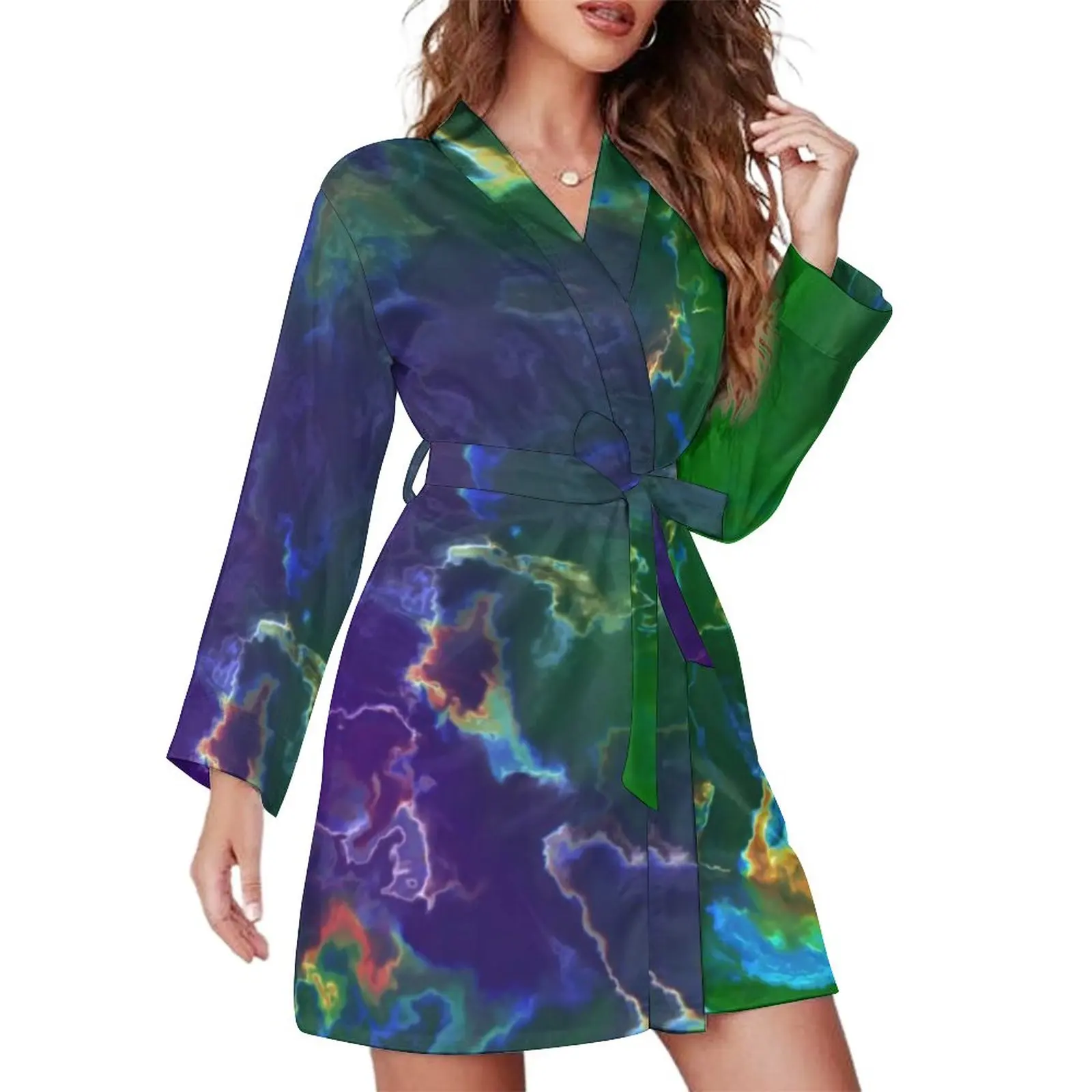 

Colorful Splash Pajama Robe Abstract Ink Print Long Sleeve Casual Pajamas Robes Woman V Neck Cute Bathrobe Autumn Design Dress