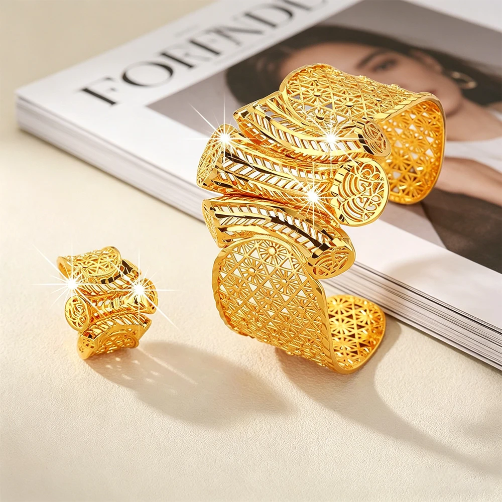 

Dubai Bracelet Ring Fashion Cuff Bangle with Ring Set African Gold Color Bangle Ring Luxury Women Hollow Jewelry Wedding Party