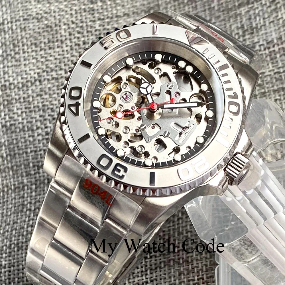 New Skeleton Mechanical Male Watch S NH70 Movt Hollow Dial Red Hand 120clicks Bezel Diver Wristwatch 20Bar Polish Strap