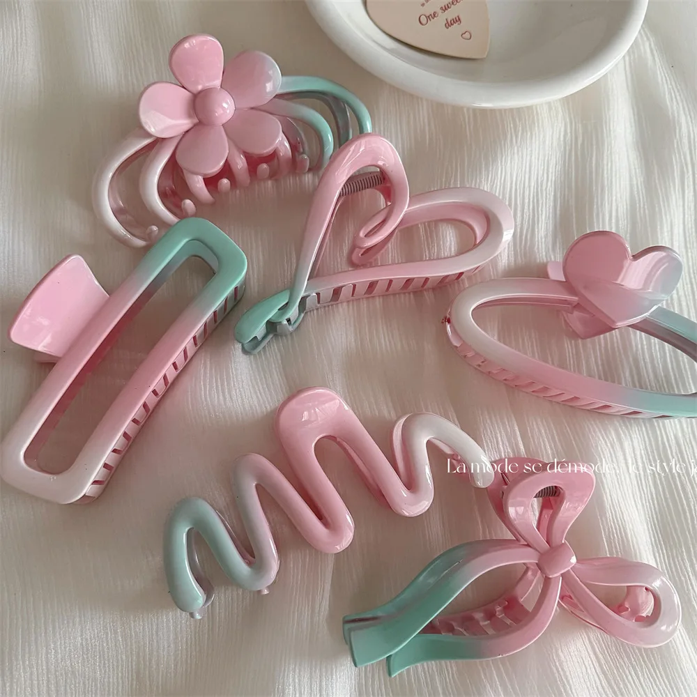 Korean Woman Senior Pink green gradient color Hair Claw Barrettes Girl Fashion Hair Clips Hair Headwear Hair Accessories Hairpin