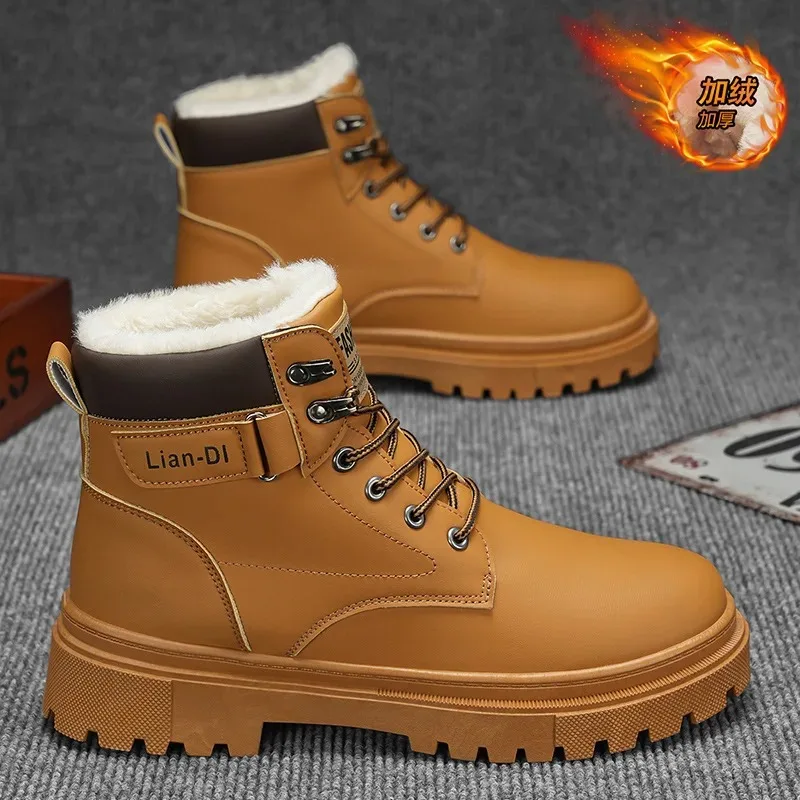 Winter Men's Boots Fashion Casual High-top Boots Waterproof Leather Boot Plush Warm Winter Boots for Men Lace Up Platform Botas