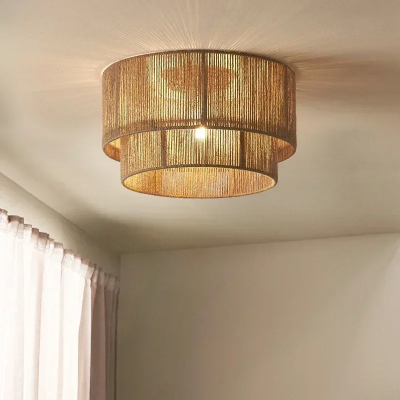 Japan Rustic Chandelier Hemp Rope Weaving Ceiling Light Living Room Bedroom Retro Ceiling Lamp for Room Decor Mood Light