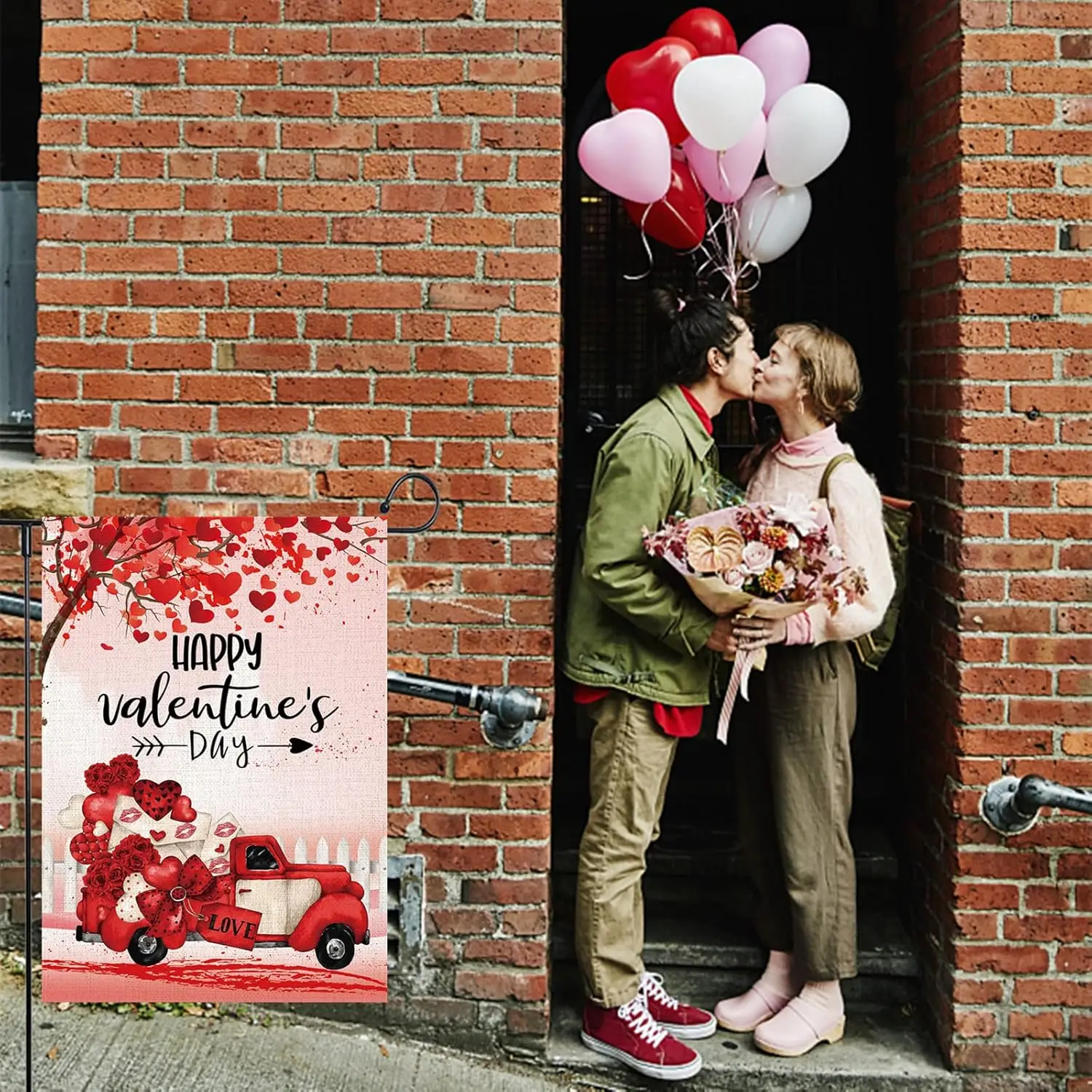 Heart Truck Garden Flags, Happy Valentine&;s Day Heart Tree Garden Flag 12.5 x 18 Inch Vertical Double Sized Burlap Flag for Hou