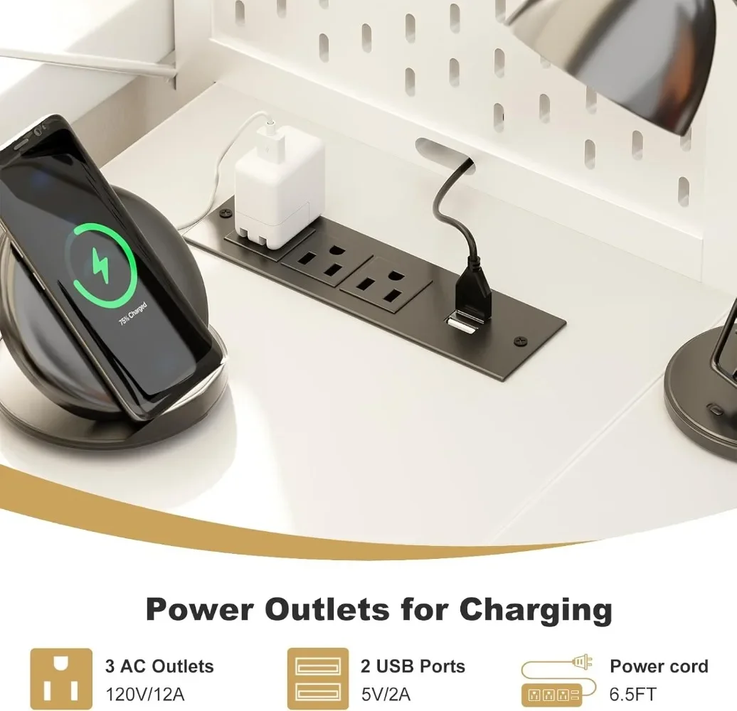 L Shaped Gaming Desk with 2 Fabric Drawers - Reversible Computer Desk with Power Outlet & LED Lights