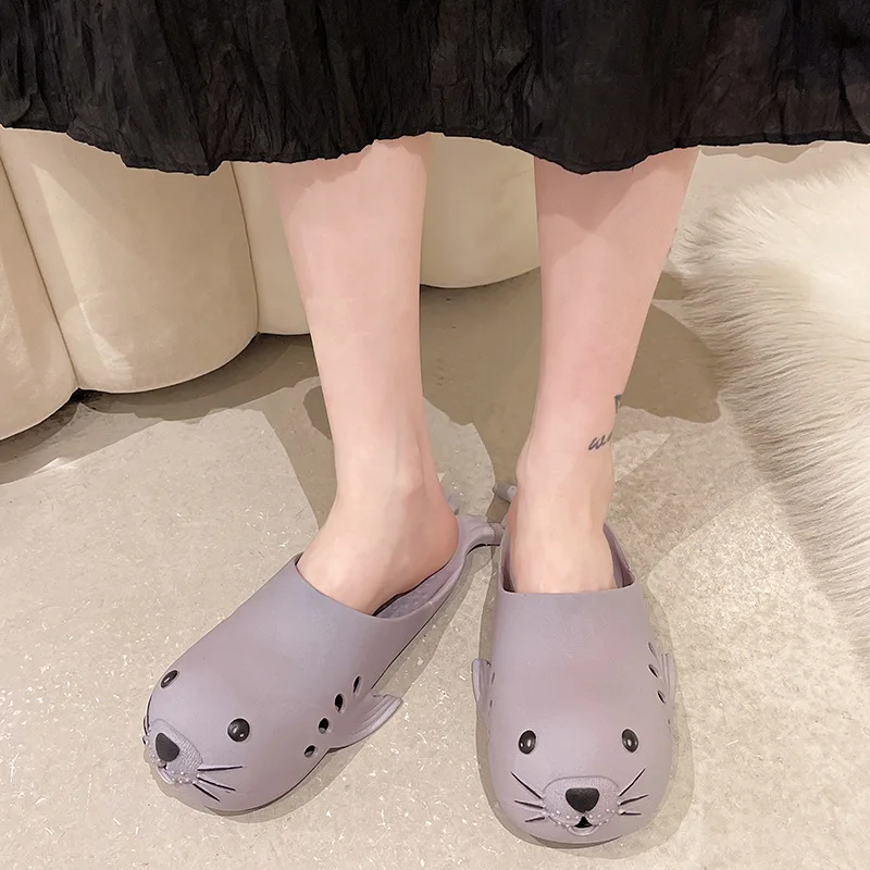 Women Summer Cartoon Sea Lion Slide Sandals Cute Open Toe Funny Slippers Couple Indoor Outdoor Beach Casual Home cloud Shoes