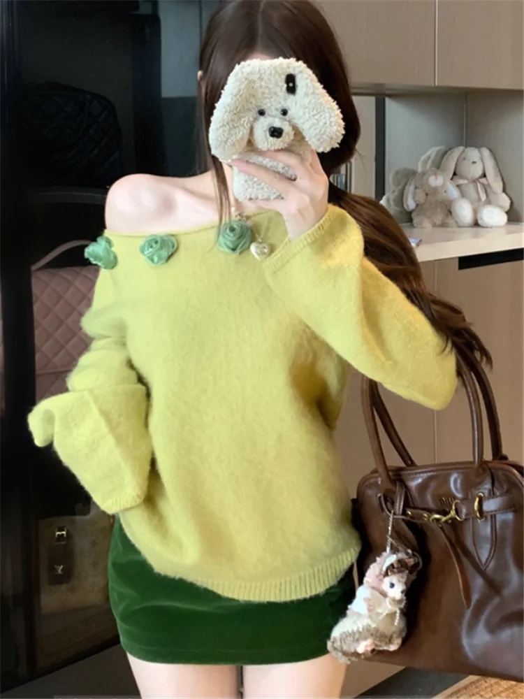 

Новинка 2023 года, осенние женские комплекты из 2 предметов, 3d цветок с открытыми плечами, свободный вязаный свитер, топ и зеленая мини-юбка, пикантные костюмы для девочек из 2 предметов