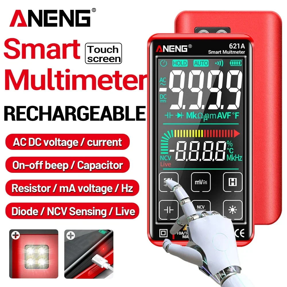 Digital Multimeter Rechargeable ANENG 621A Smart 9000 Counts AC DC Voltage Current Capacitor Diode NCV Sensing Multimetro Tools