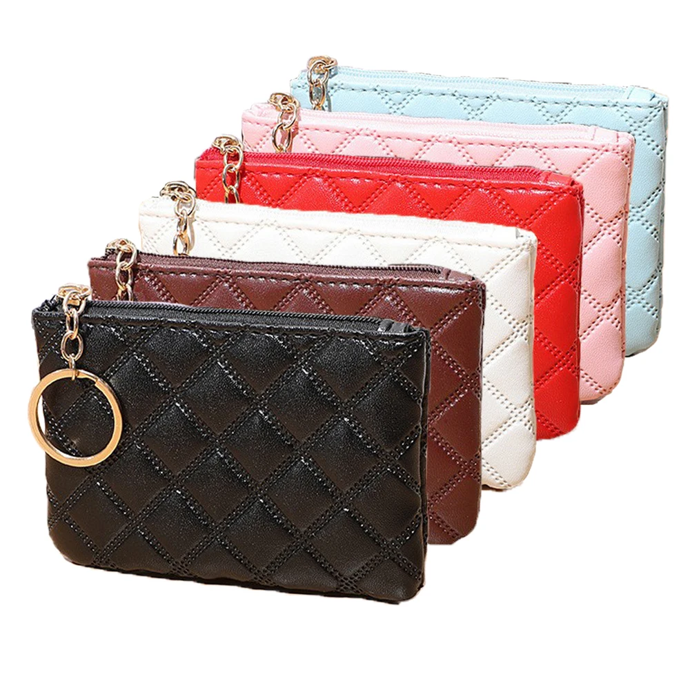 Mini monedero negro de PU, monedero clásico con cremallera a cuadros de diamantes, monedero de bolsillo para dinero, tarjetero pequeño para mujer, monedero de 6 colores