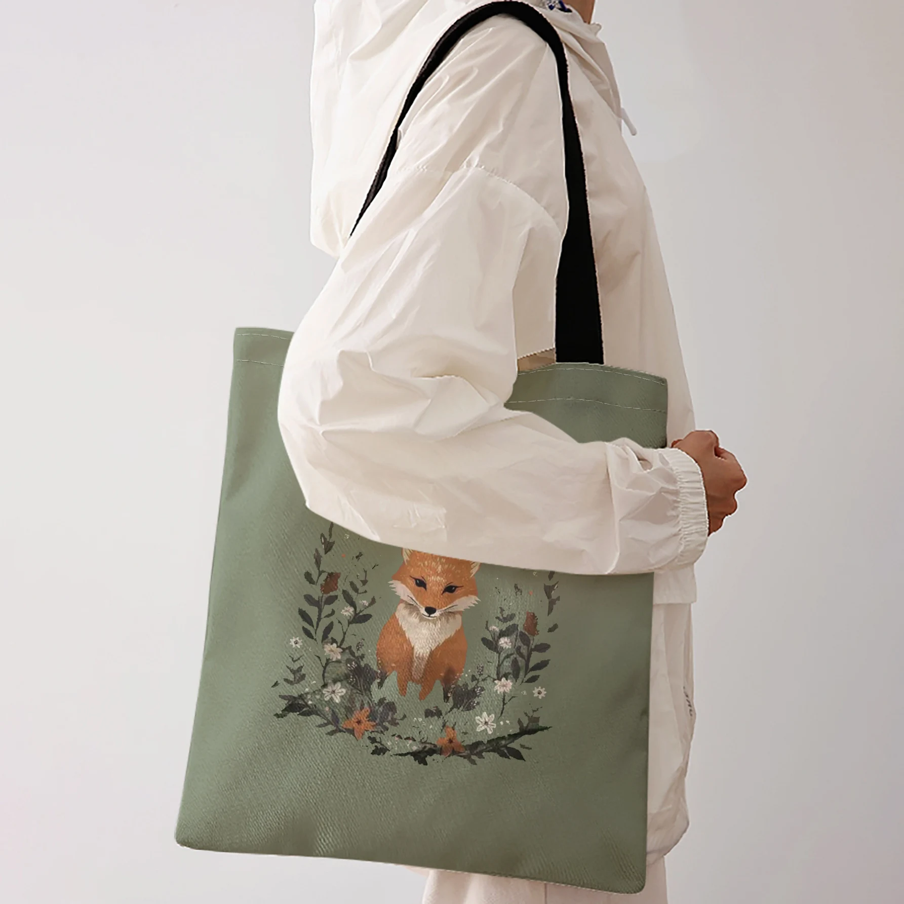 Fox Floral Wreath Print Tote Bag With Black Handles Large Shoulder Handbag For Shopping Daily Use