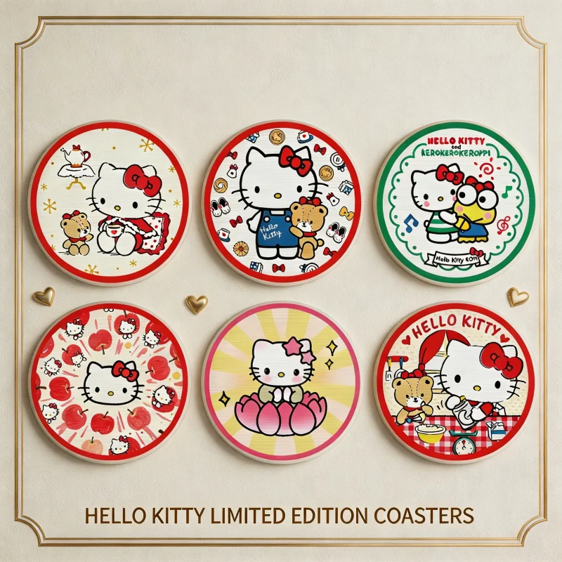 Posavasos de Hello Kitty de dibujos animados, de tierra de diatomeas, resistente al calor, absorbente de agua, de secado rápido, para tazas de café, redondo, antideslizante, resistente al agua dura.