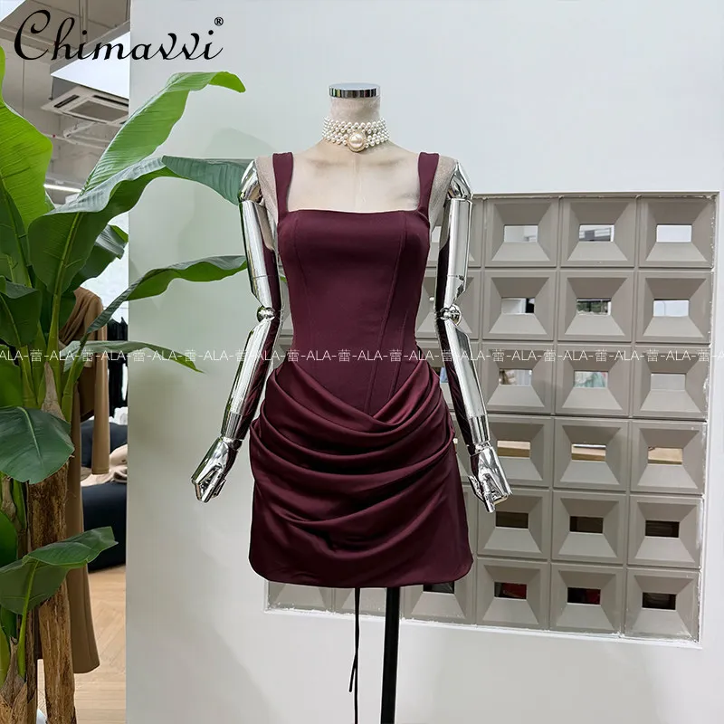 

Fashion Ruched Fishbone Lace-Up Waist-Cinching Off-Shoulder Dress Spring Summer Solid Color Elegant Slim Short Women's Dress