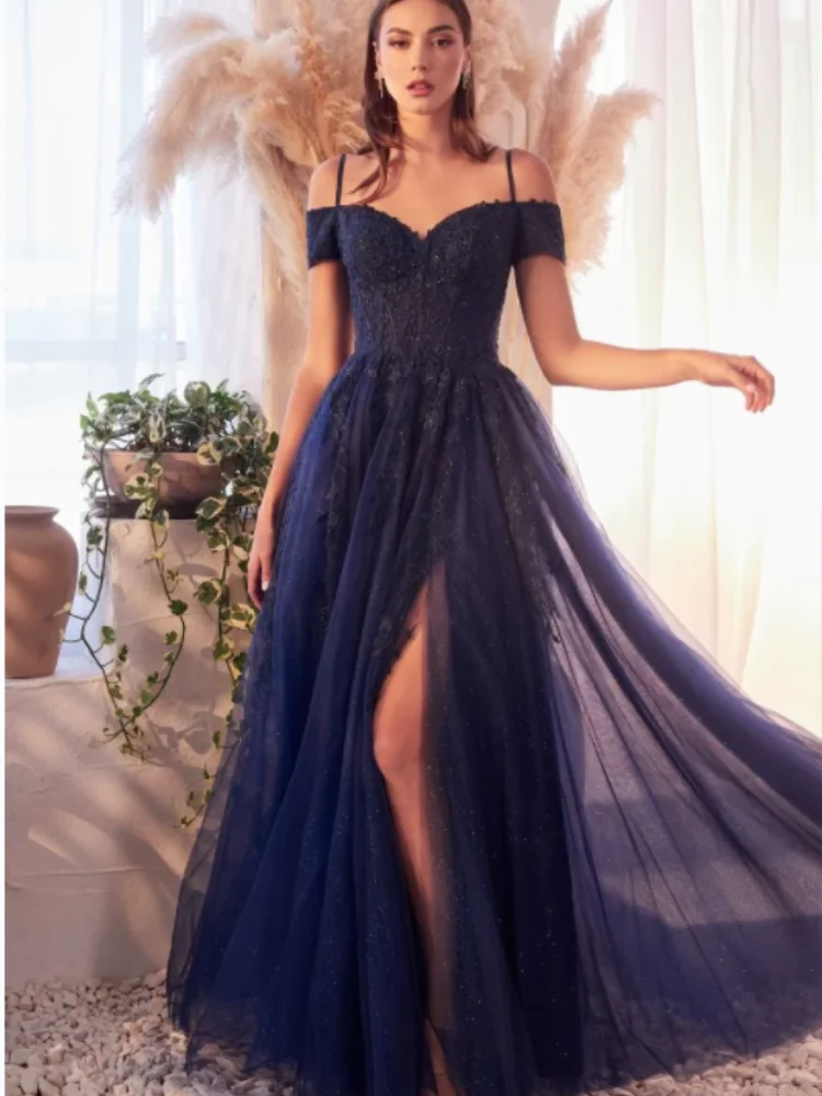 Sparkly Misty Blue Tulle Off Shoulder A-line Prom Dress Spaghetti Straps Appliques Sequins High Slit Backless Evening Dresses