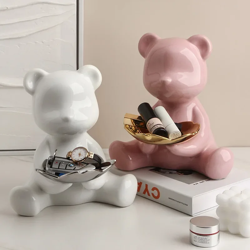 

Electroplated Ceramic Bear Sculpture Tray Ornament, Animal Statue, Key Candy Storage, Living Room Desktop, Piggy Bank Figurine D