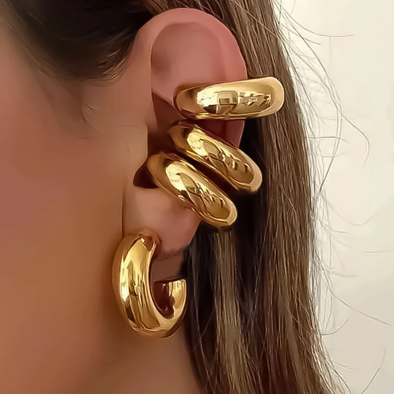 Oversize Chunky Round Circle Clip Earring for Women Gold Plated C Shape Ear Cuff Stud Tube Thick Earclips Jewelry e1241