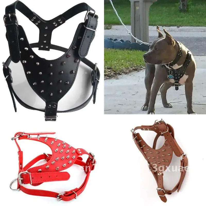

Large Dog Zinc alloy Rivets Spiked Studded PU Leather Dog Harness Pet dog vest Harnesses Pitbull big strap Breed Dogs chest for