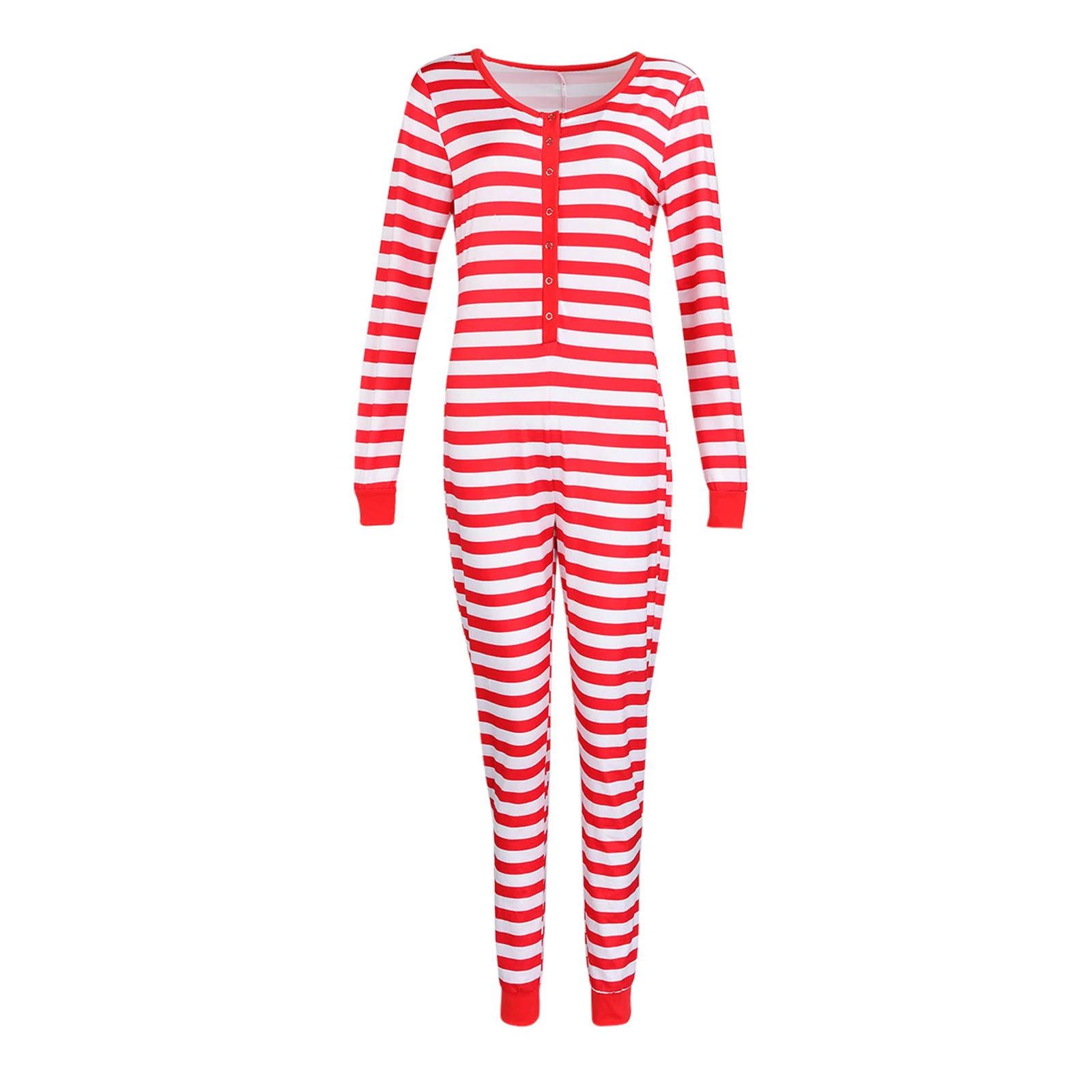 Woman s Christmas Stripe Pajamas Sexy Round Neck Long Sleeve Slim Elastic Jumpsuit Daily Life and Holiday