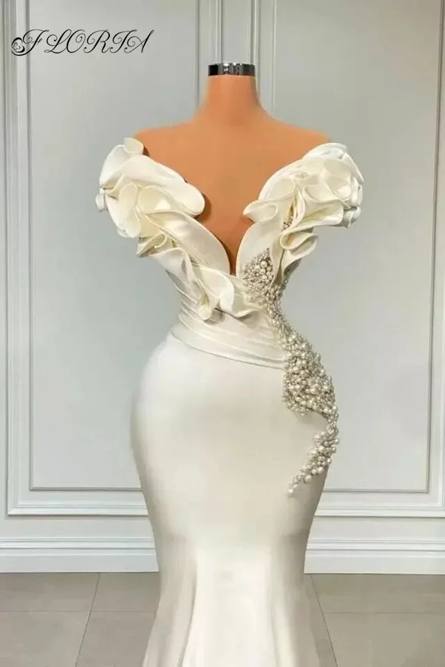 Elegante vestido de noche de sirena con perlas, marfil, con volantes, cuello en V, satén, Formal, para fiesta de celebridades, Dubai, árabe, 2022