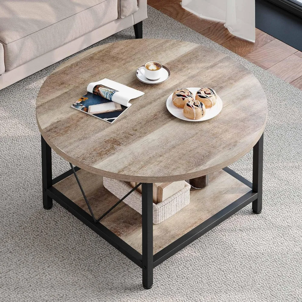 

Round Coffee Table, Rustic Wood Coffee Tables for Living Room, Farmhouse Circle Coffee Table with 2-Tier Storage, Center Table
