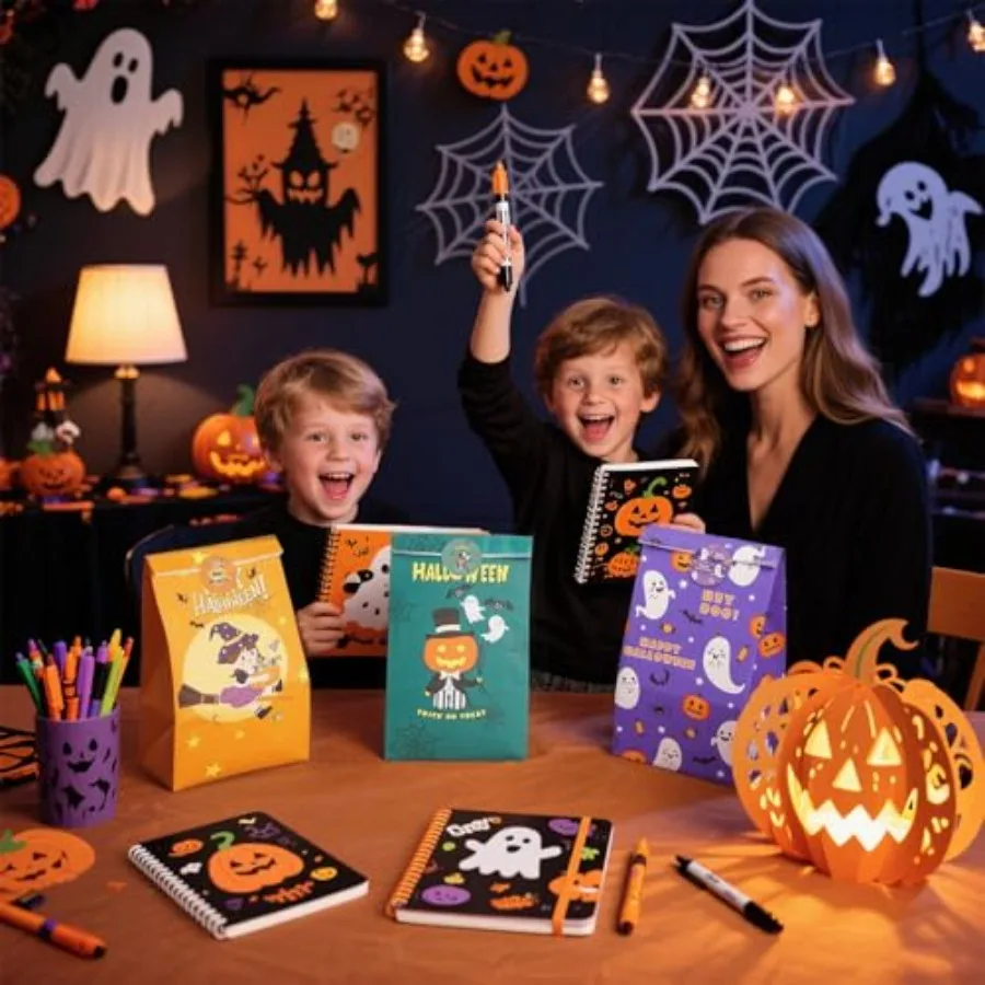 Paquet de 24 sacs à cadeaux d'Halloween, 4 styles de sacs à friandises avec échange Sti Party Favo pour fournitures d'Halloween en classe 4,7" x 3,1" x 9