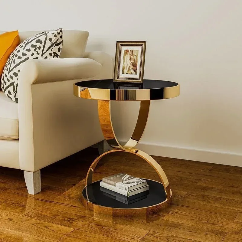 Modern luxury metal round living room corner table golden small coffee table hotel home furniture glass top sofa side table