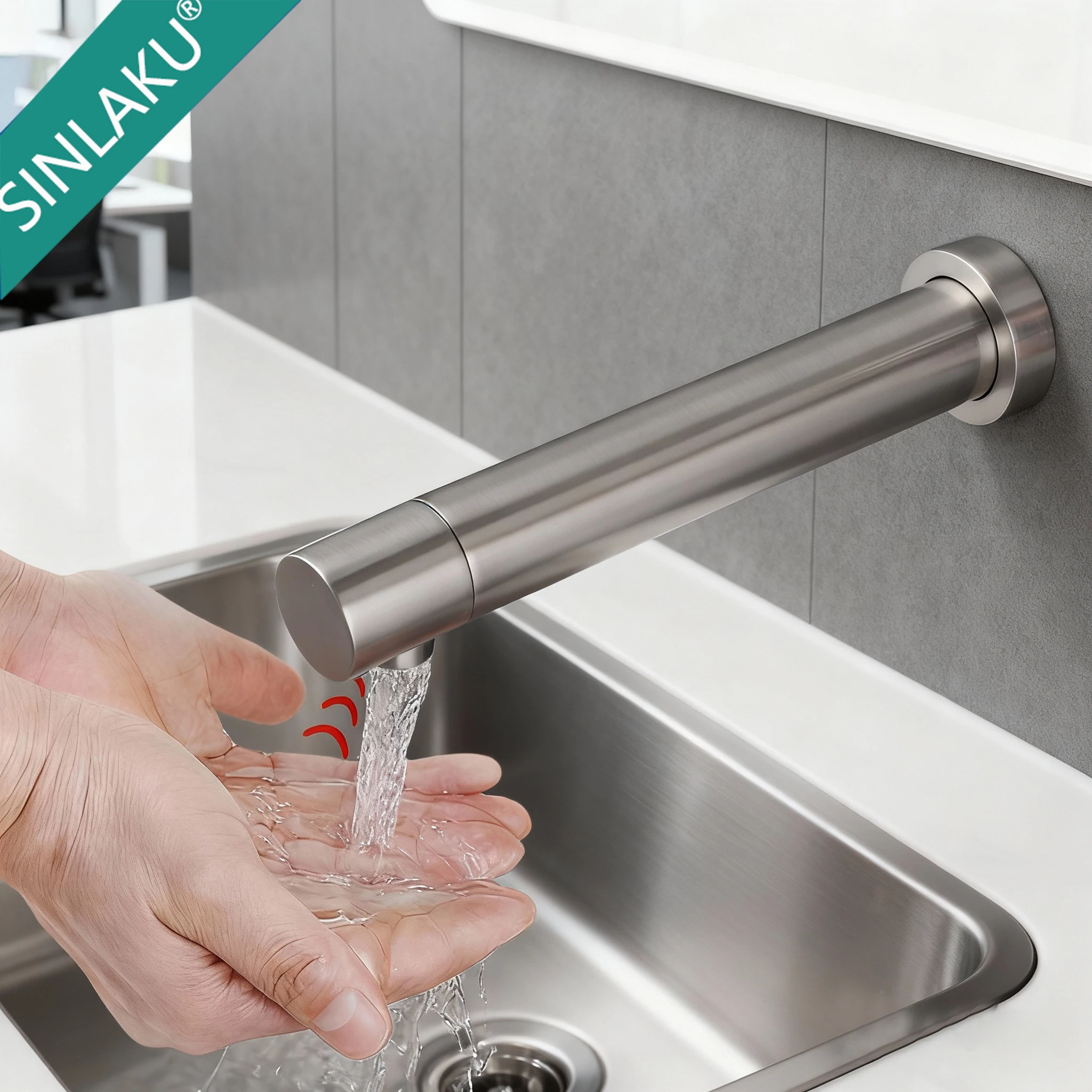 SINLAKU Brushed Nickel Sensor Bathroom Sink Faucet Wall-Mounted Touchless Hot & Cold Mixing Tap Faucets with Extended Spout