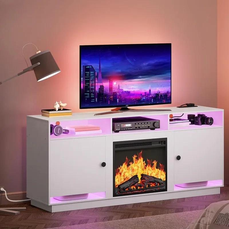 

Electric Fireplace TV Stand with LED Lights and Power Outlets, White TV Console for 32" 43" 50" 55" 65", Entertainment Center