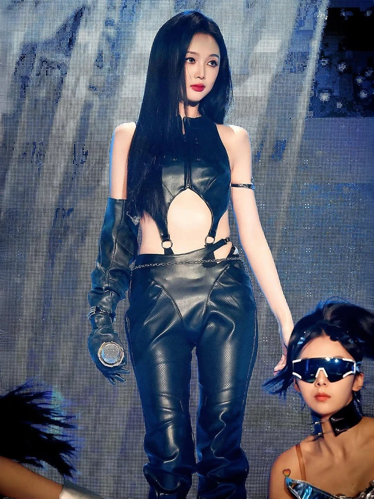 بدلة نسائية مثيرة مجوفة من Sisterlinda مصنوعة من الجلد بسحّاب صناعي بدون أكمام ورقبة دائرية بدون خصر ملابس مهرجان موسيقى منتصف الليل #5