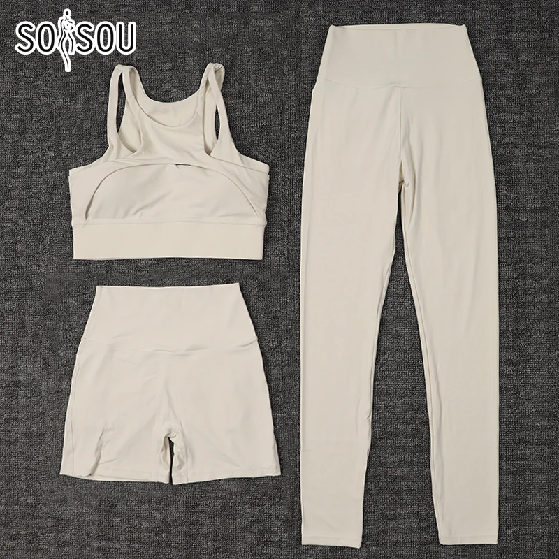 SOISOU Nylon Womens Clothing Gym Yoga Set Fitness Sportswear Sports Suit Bra Leggings Women\'s Pants Shorts Elastic Tight Fit