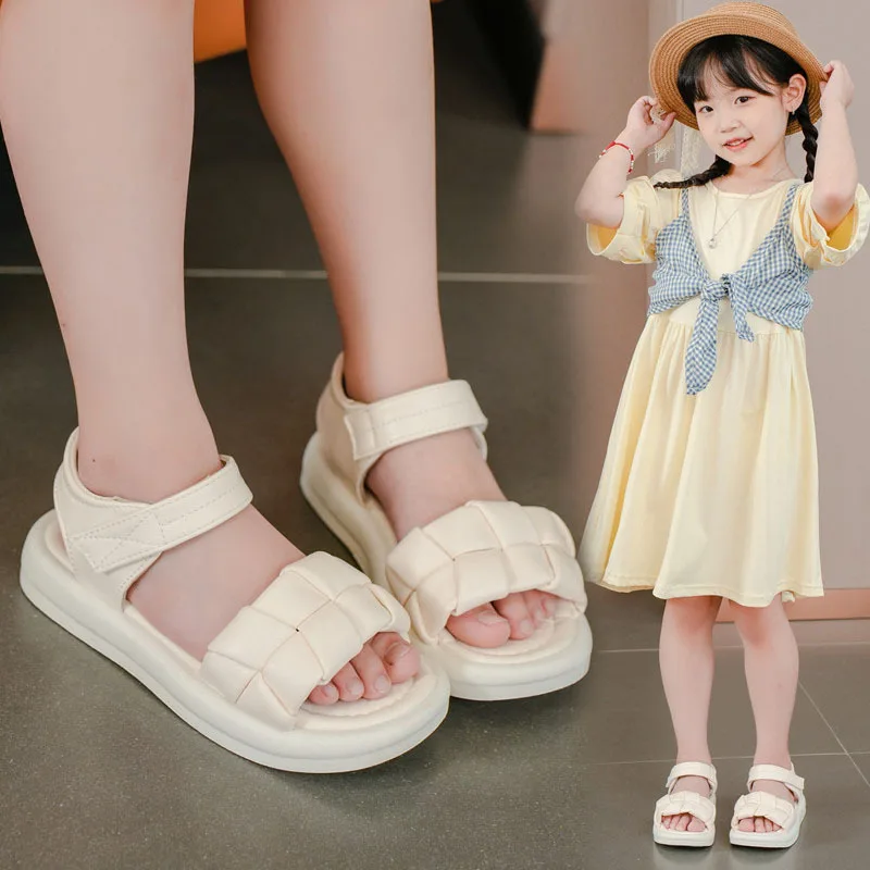 26-37 Girls Sandal 2023 Summer New Fashion Little Girl Princess Shoes Kids Student Soft Bottom Beach Flat Children\'s Sandals