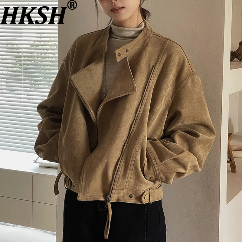 

HKSH Spring Autumn New Women Short Jacket Faux Suede Stand Collar Zipper American Retro Streetwear Motorcycle Trend Coat HK13399