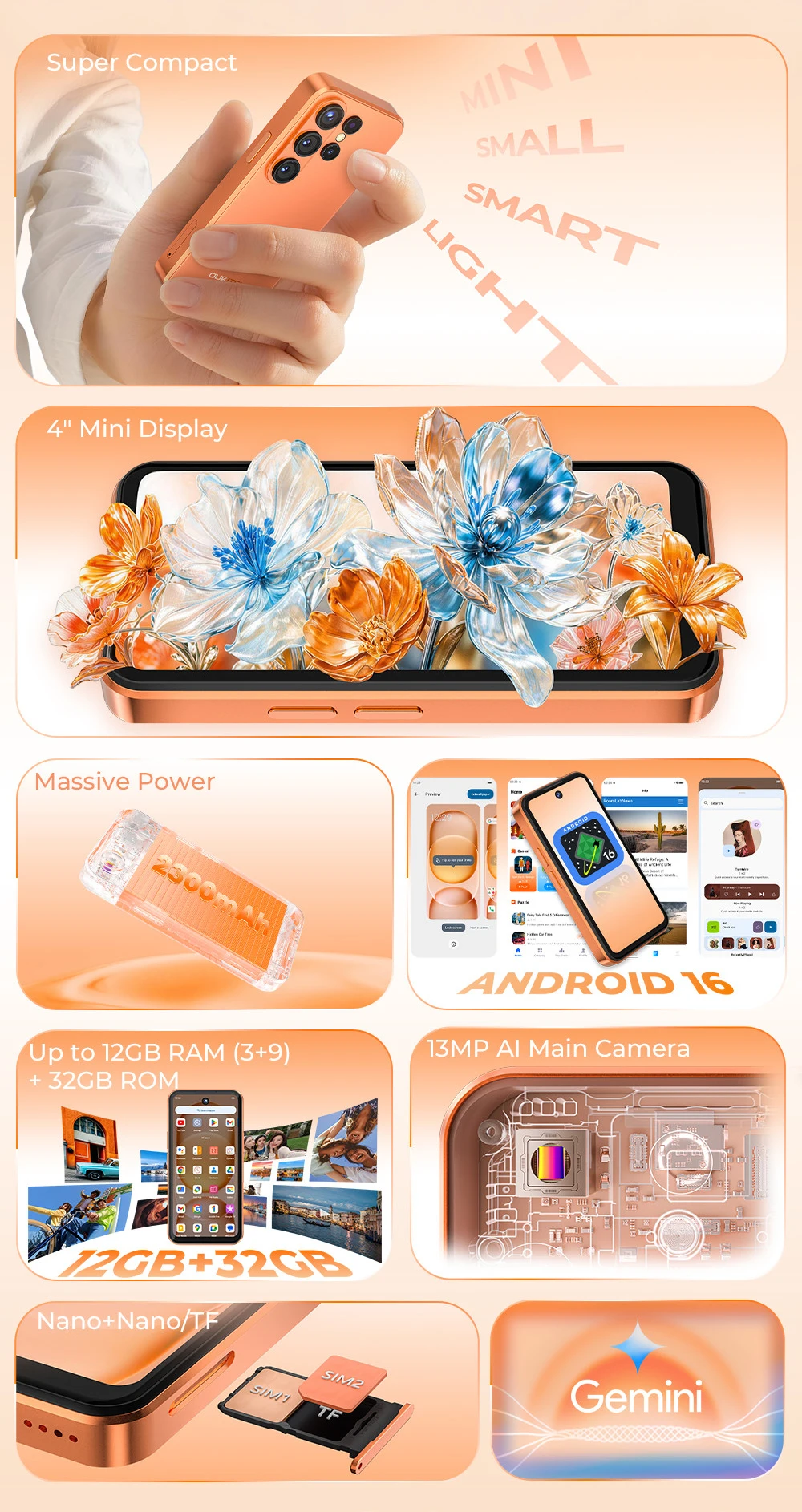 OUKITEL C26 Mini Smartphone, Ultra Compact 4" Mini Display, Up to 12GB RAM (3+9) +32GB ROM, Massive 2300mAh Battery, Android 16, Gemini AI, Small Pocket Mini Mobile Phone, Stay Light Stay Connected
