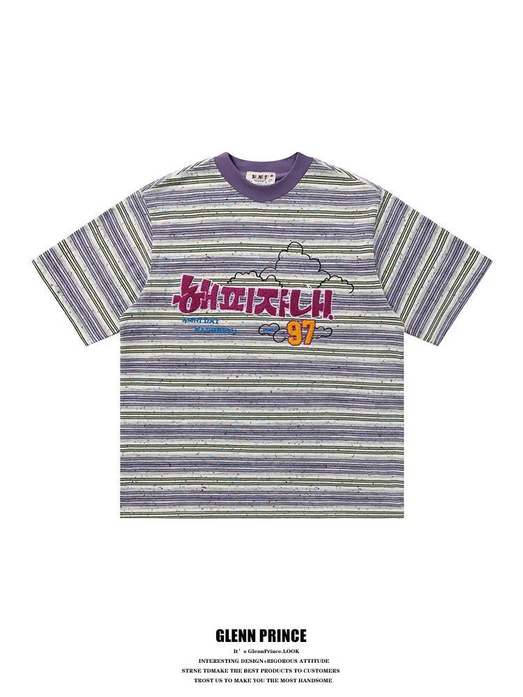 

GPstudio American Retro Letter Towel Striped Short Sleeve Men's T-shirt Trendy Half Sleeve Couple Body T-shirt Breathable Cot...