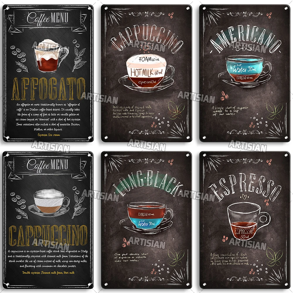ARTISIAN Coffee Menu Metal Signs Rusty Metal Plaque Classic Metal Tin Sign Man Cave Kitchen Cafe Wall Decor Signs Metal Plate