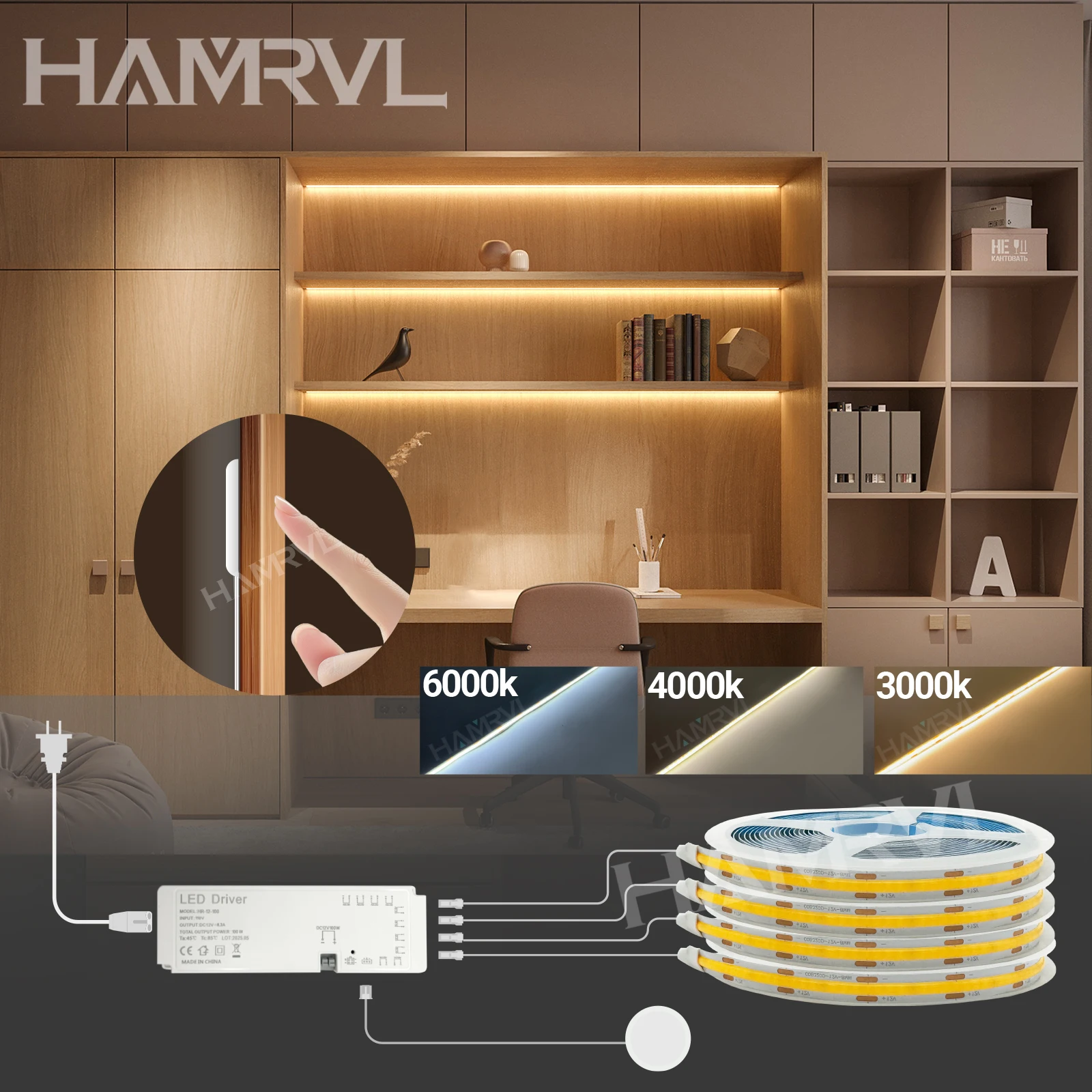 No-drill Sensor Touch DIY 2M COB LED Strip Lights Under Cabinet Collection Display Penetrable Wood Bookcase Wardrobe Closet Lamp
