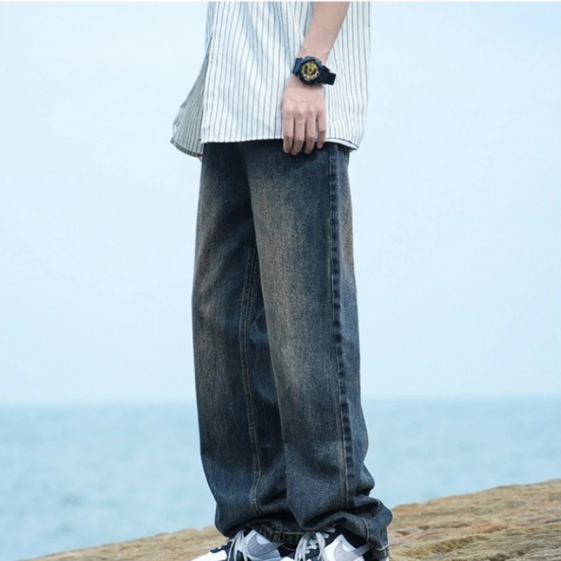 Men Denim Pants Wide Leg Jeans Casual Trouser Loose Man Clothing Trend Vintage Streetwear Straight Leg New Thin Solid Blue