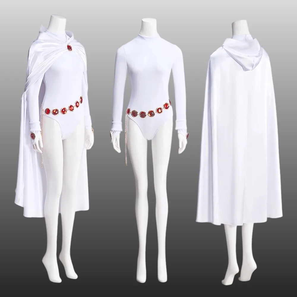 

Raven Cosplay White Costume Women Fancy Jumpsuit with Cape Disguise Queen Uniform Halloween Party Superhero Combat Suit