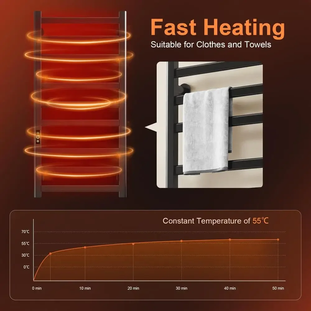 Electric Towel Warmer Rack 9 Bars Black Bathroom Heating Intelligent Touch Screen 39.37x19.69