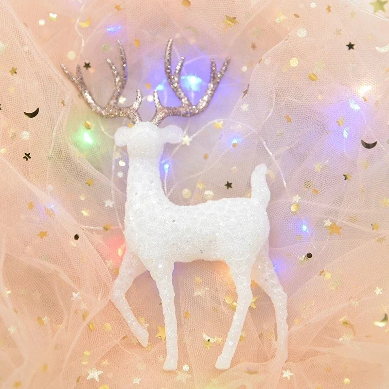 Plastic Crystal Deer Figurines Flash Elk Reindeer Christmas Miniatures Home Office Decoration Birthday Cake Dessert Ornaments