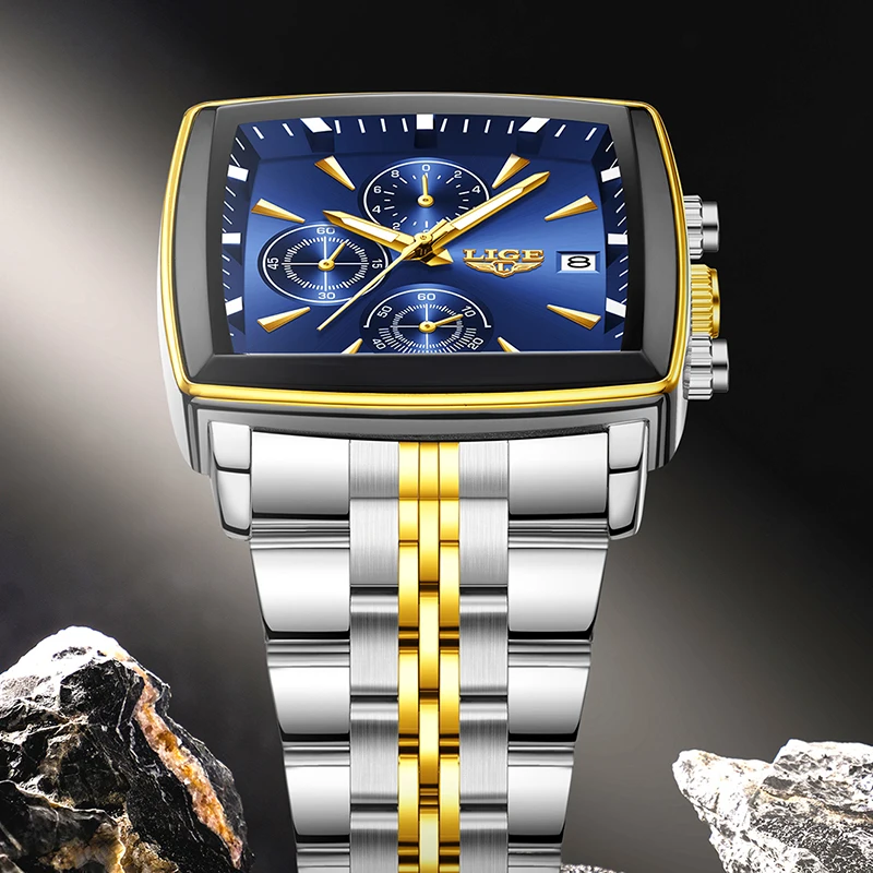 

LIGE Business Watch Men Waterproof Luminous Chronograph Date Man Wristwatch Fashion Square Quartz Men's Watches Montre Homme+BOX