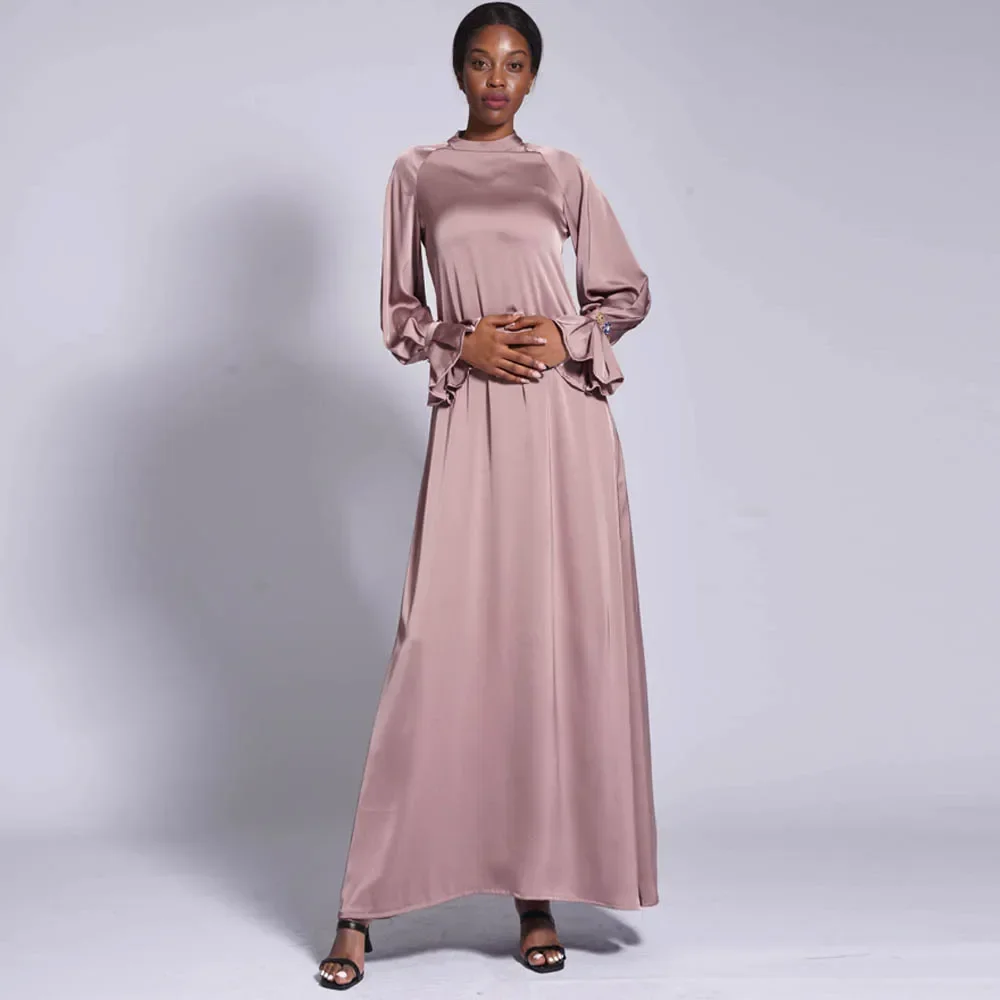 Elegance Temperament Muslim Abaya Fashion Satin Muslim Dress Dubai Full Length Long Sleeve Dress for Women Dubai Turkey Islam