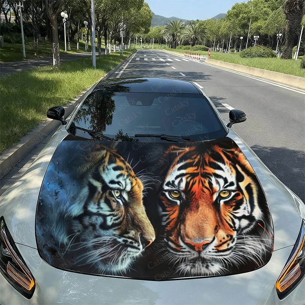 Tiger Charge Up Car Hood Sticker PVC Self Waterproof Stick, Striking Auto Exterior Accessories Decor Protect Gift for Car Lover